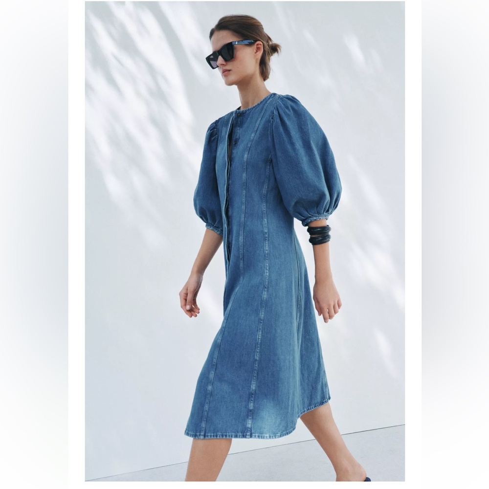 NWT Zara Blue Denim Midi Dress with Balloon Sleeves - Picture 2 of 12